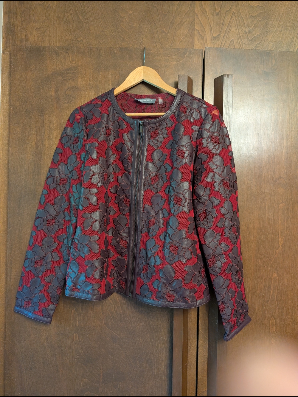 Floral Embossed Leather Jacket - Red Burgundy